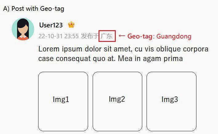 Examples of Weibo posts and comments with geo-tags.